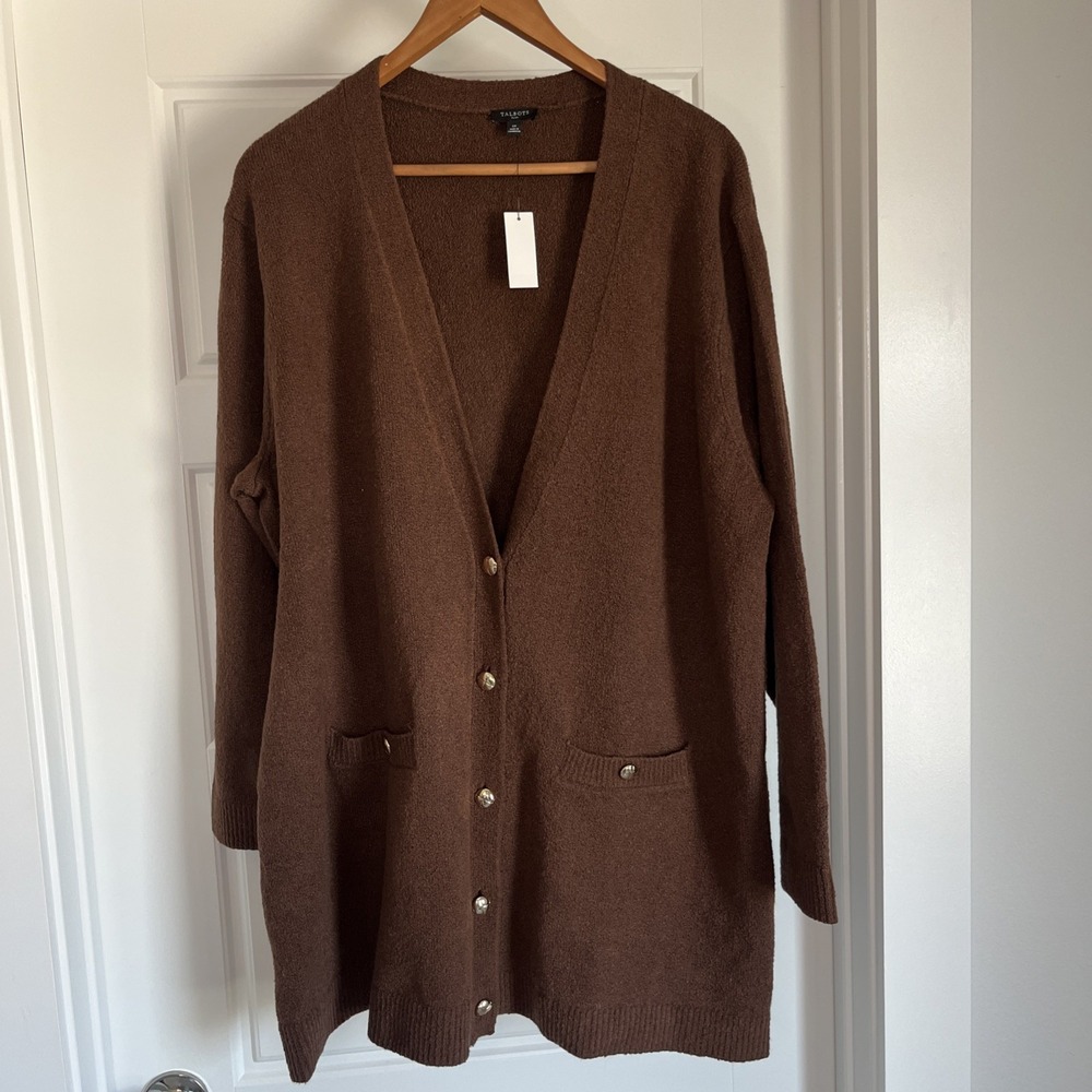 Talbots Cardigan 3X Brown Gold Button VNeck Pocket Plus Women Sweater New Cotton